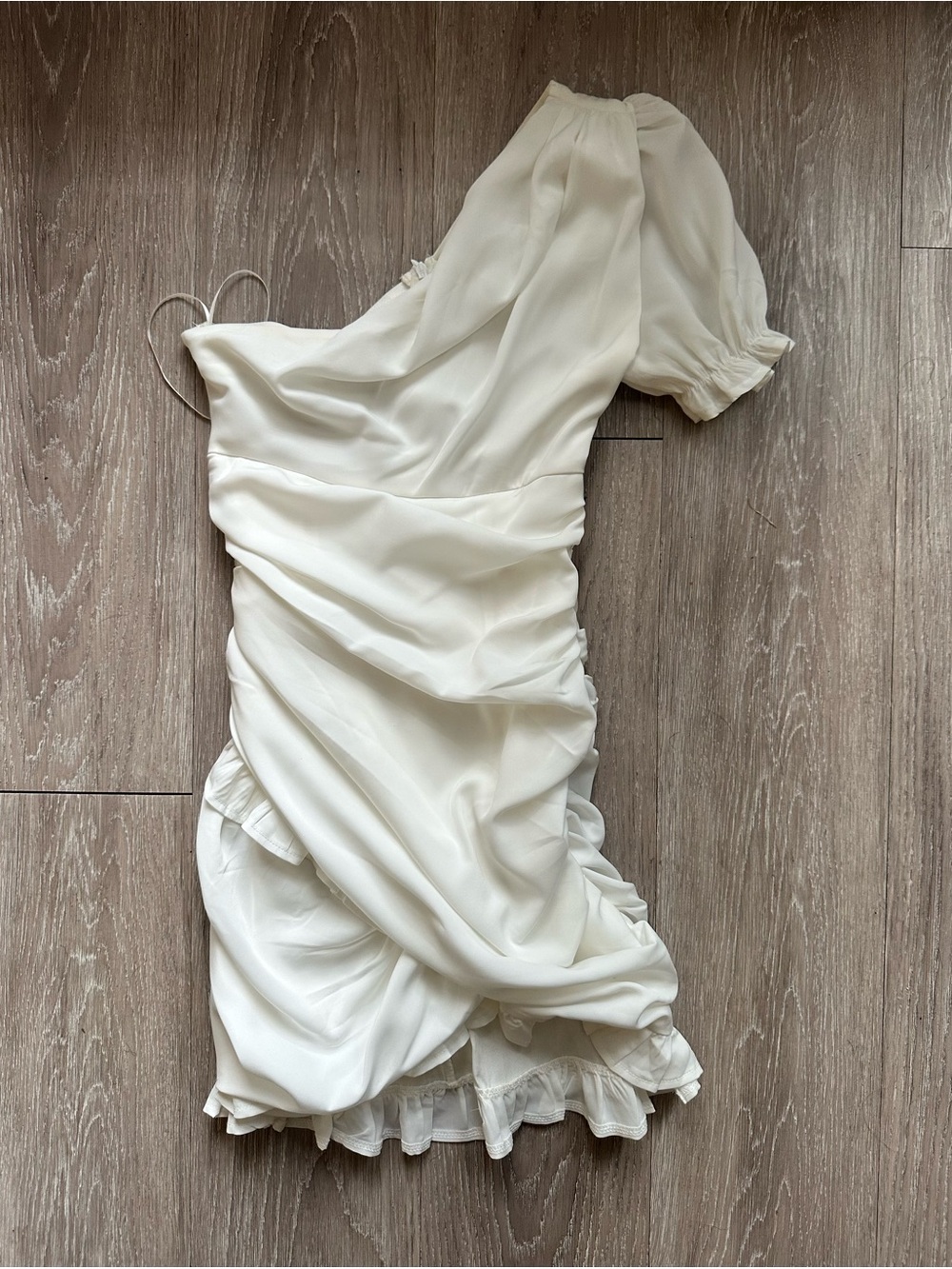 Hello Molly One-Shoulder White Ruched Ruffle Mini Dress